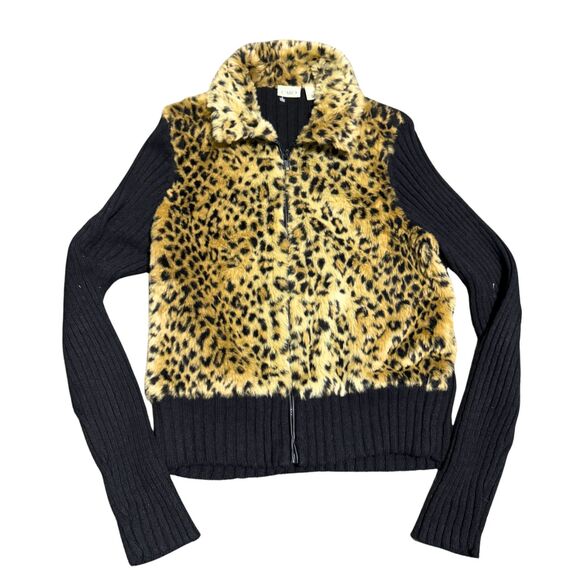 Vintage Y2K Brown & Black Leopard Print Size L Indie Glam Punk Faux Fur Jacket - Picture 3 of 7